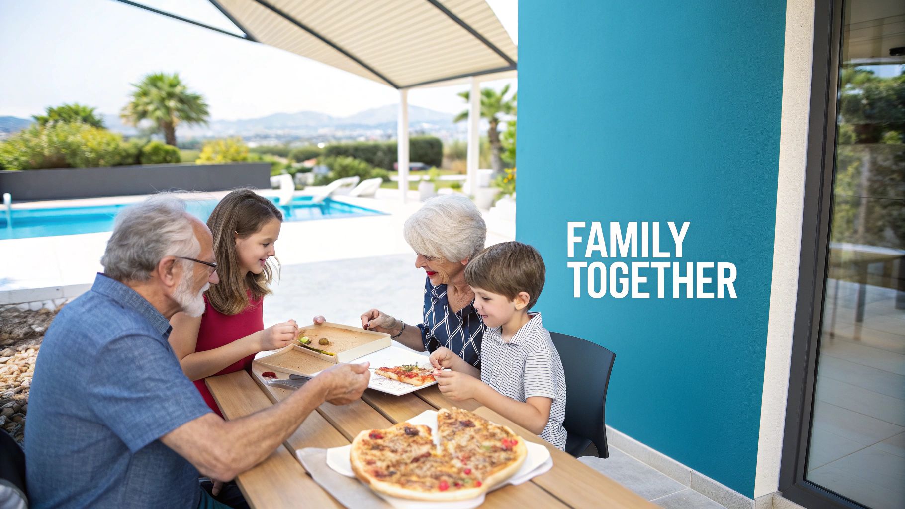 A multi-generational family enjoys an outdoor meal with pizza and appetizers by a swimming pool.