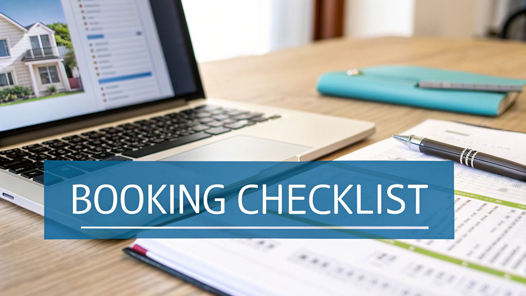Laptop displaying a house, with documents and a pen, overlaid with 'BOOKING CHECKLIST'.