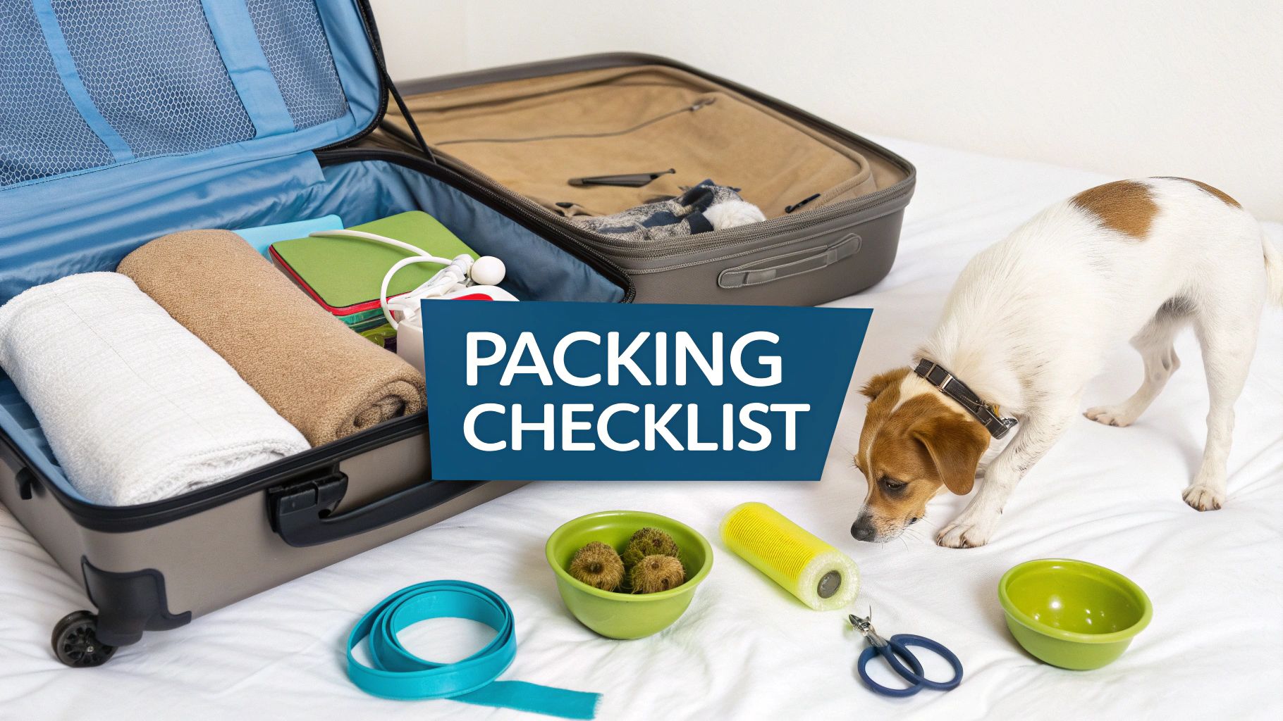 A small dog sniffs pet travel items next to an open suitcase with a 'Packing Checklist' overlay.
