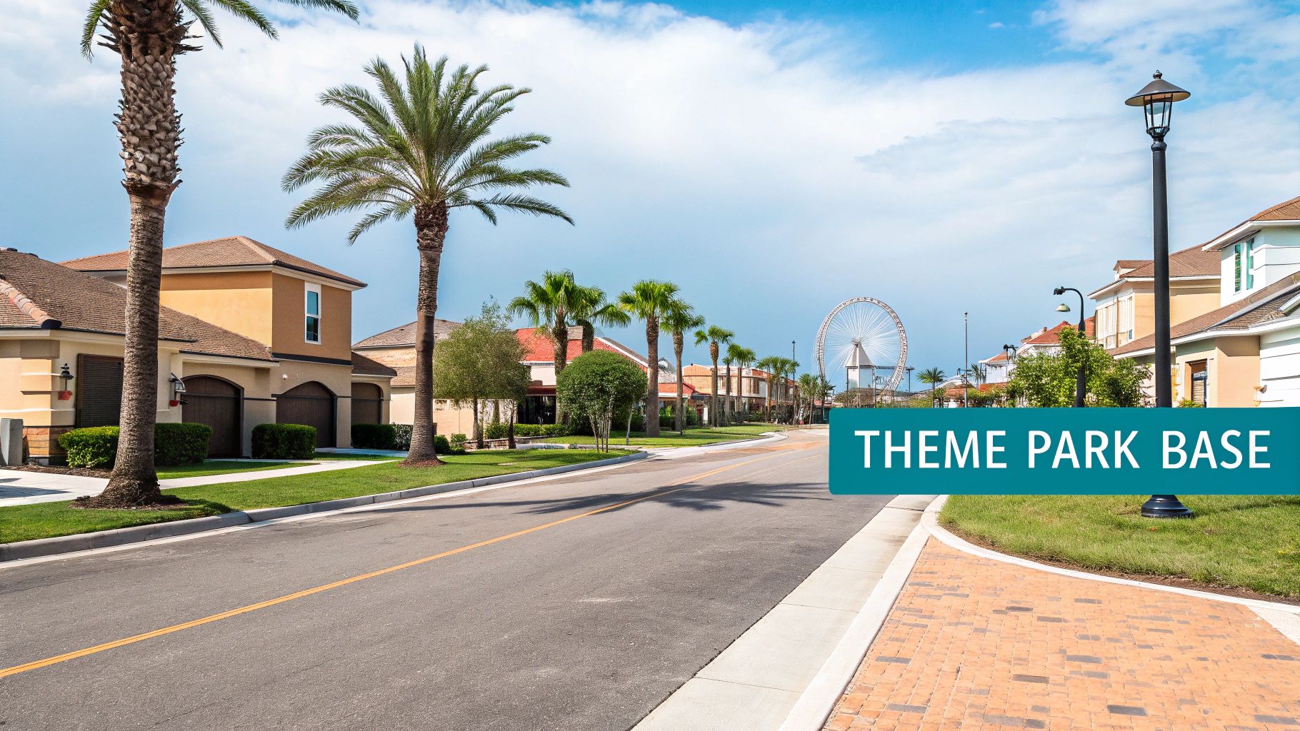 A sunny street with houses, palm trees, and a distant Ferris wheel, suggesting a theme park area.