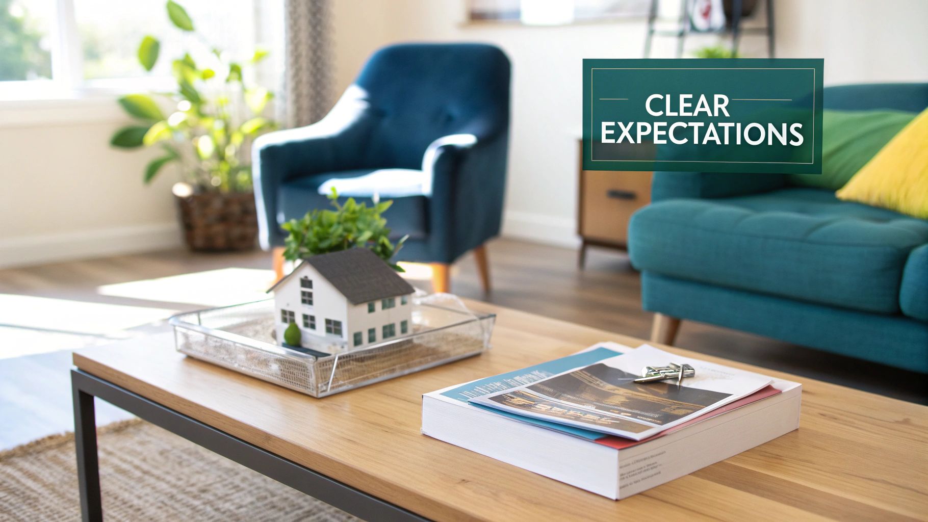A cozy living room with a model house on a coffee table and a 'Clear Expectations' sign.
