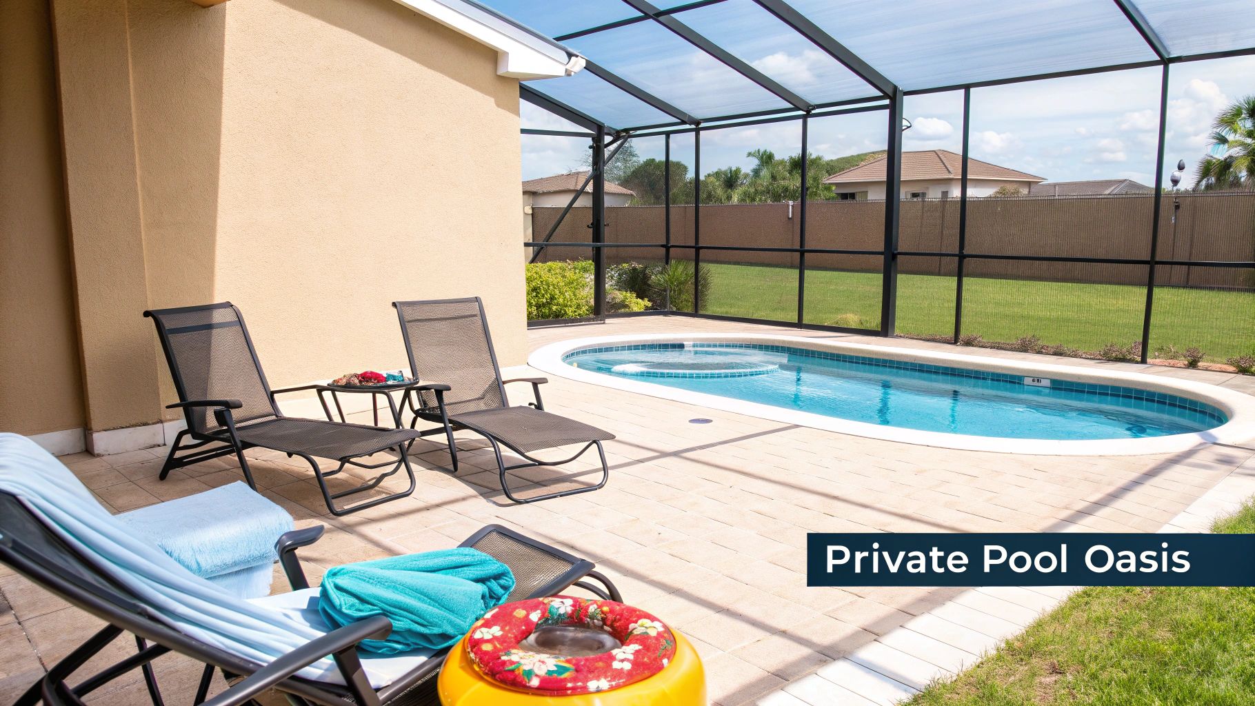 A private screened-in pool and hot tub area with lounge chairs and green backyard.