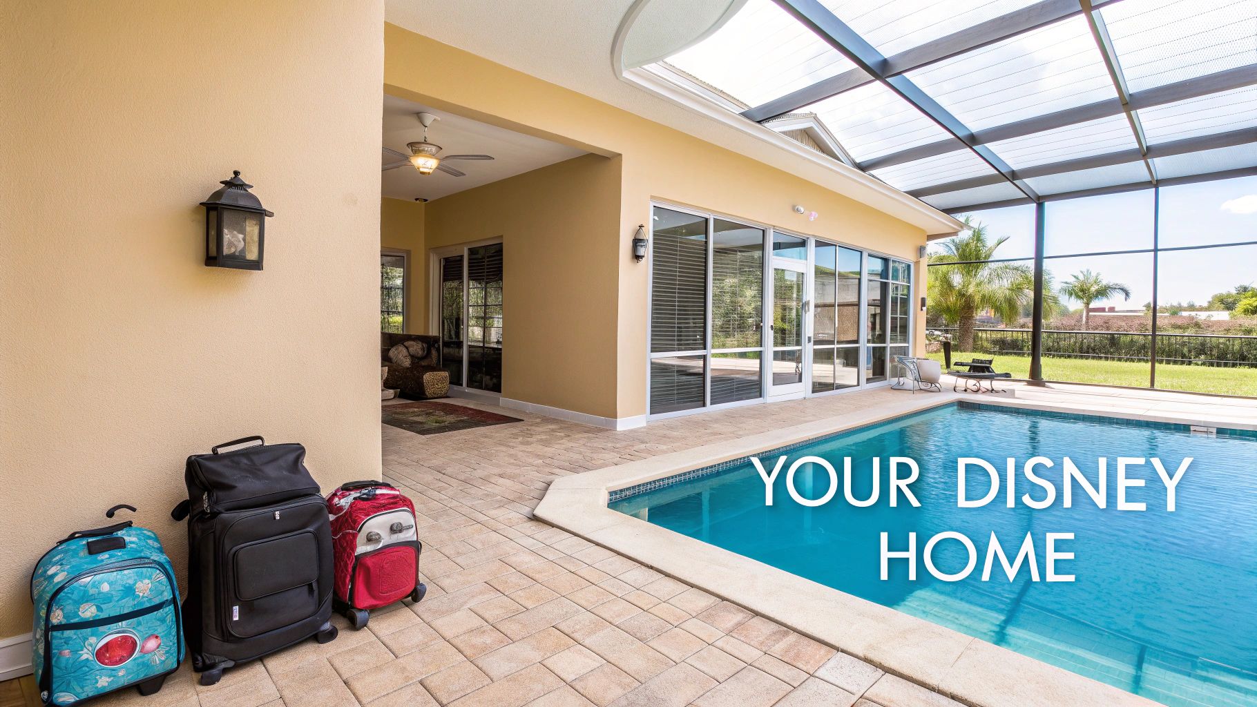 Outdoor patio with a swimming pool, luggage, and a house, perfect for a Disney vacation.
