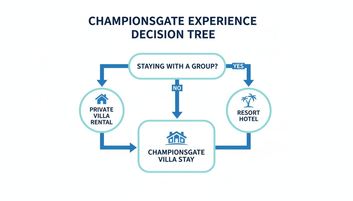 ChampionsGate experience decision tree for choosing between private villa rental and resort hotel.