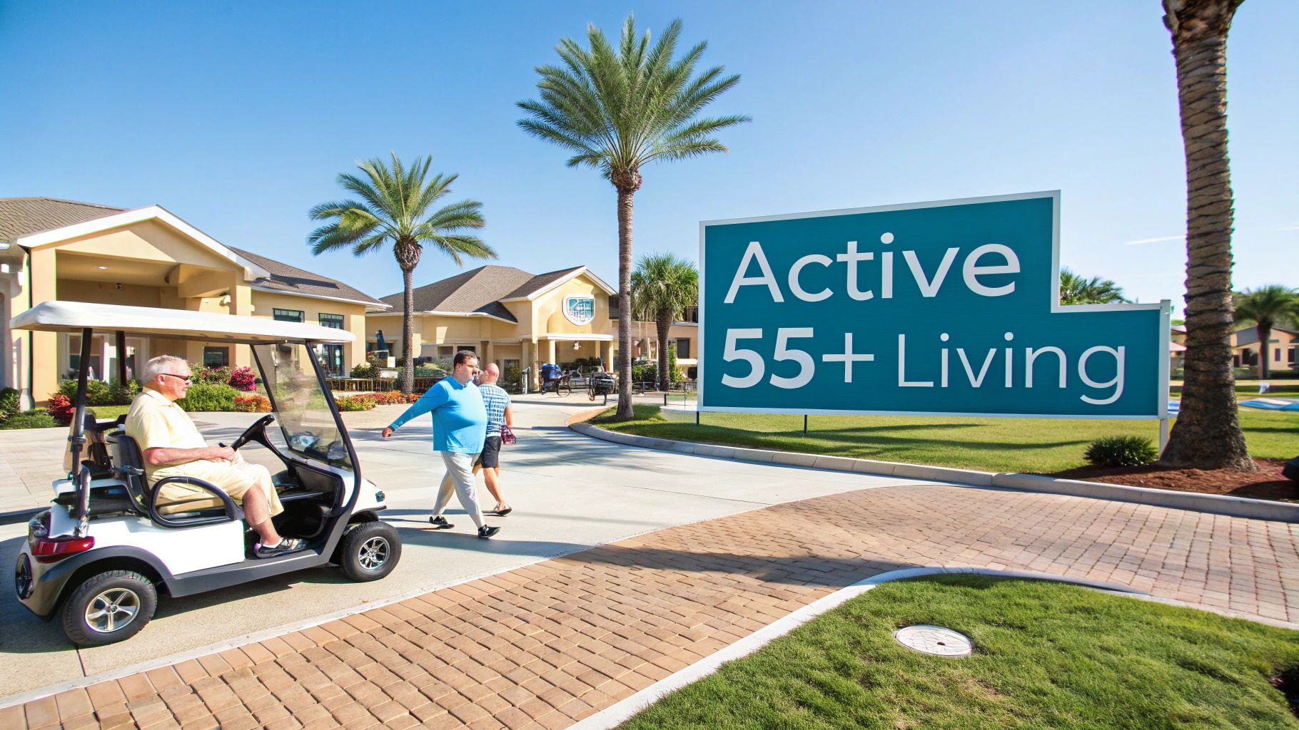 A sunny 55+ active living community entrance with a sign, golf cart, and people walking.
