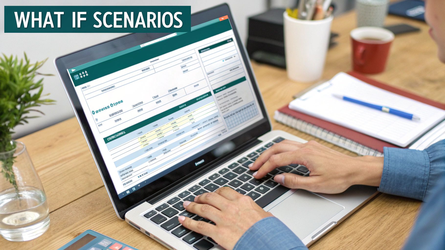 A person types on a laptop displaying a financial application for "What If Scenarios" on a wooden desk.