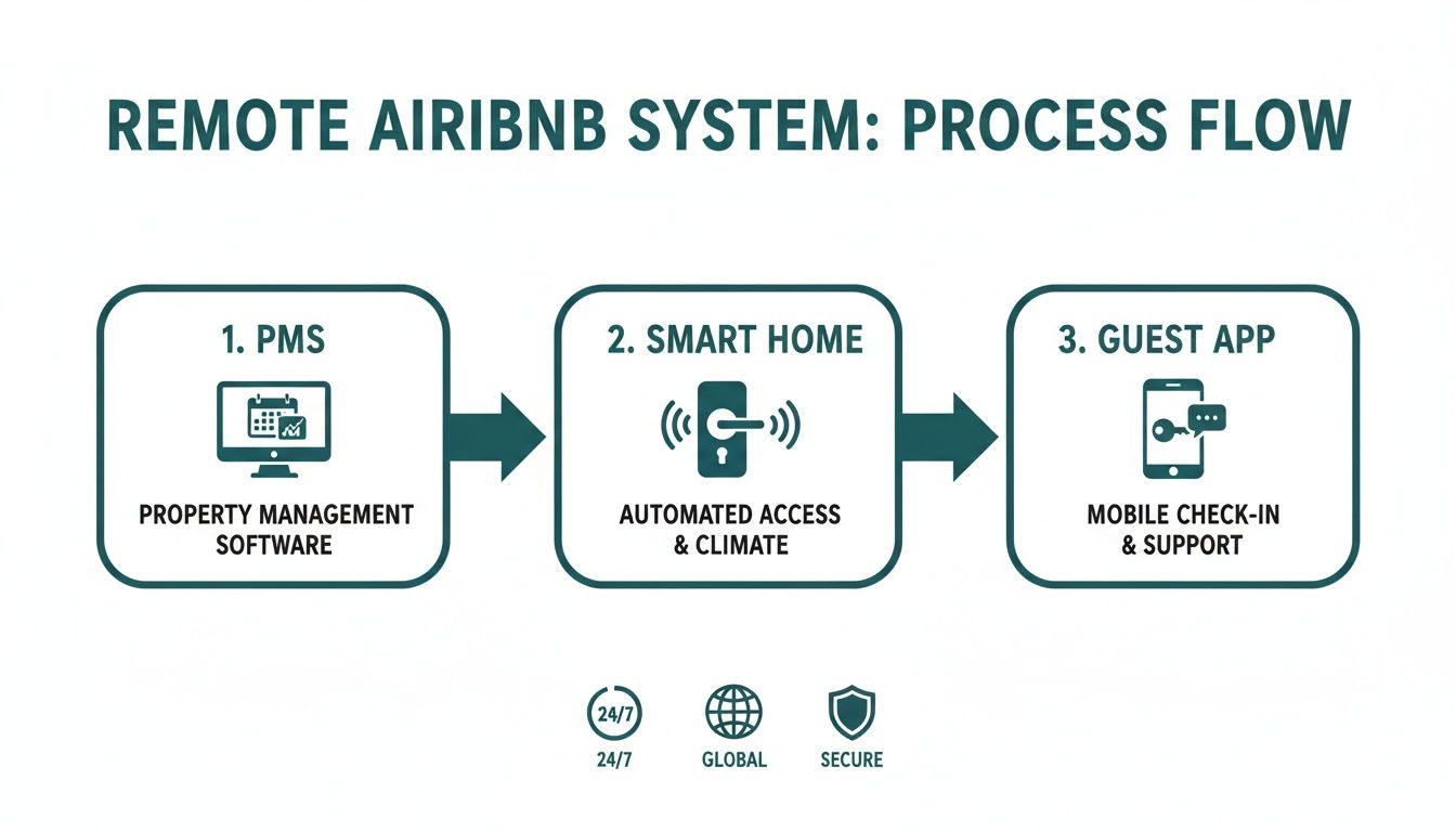 Flowchart illustrating a remote Airbnb system with PMS, smart home, and guest app for management.