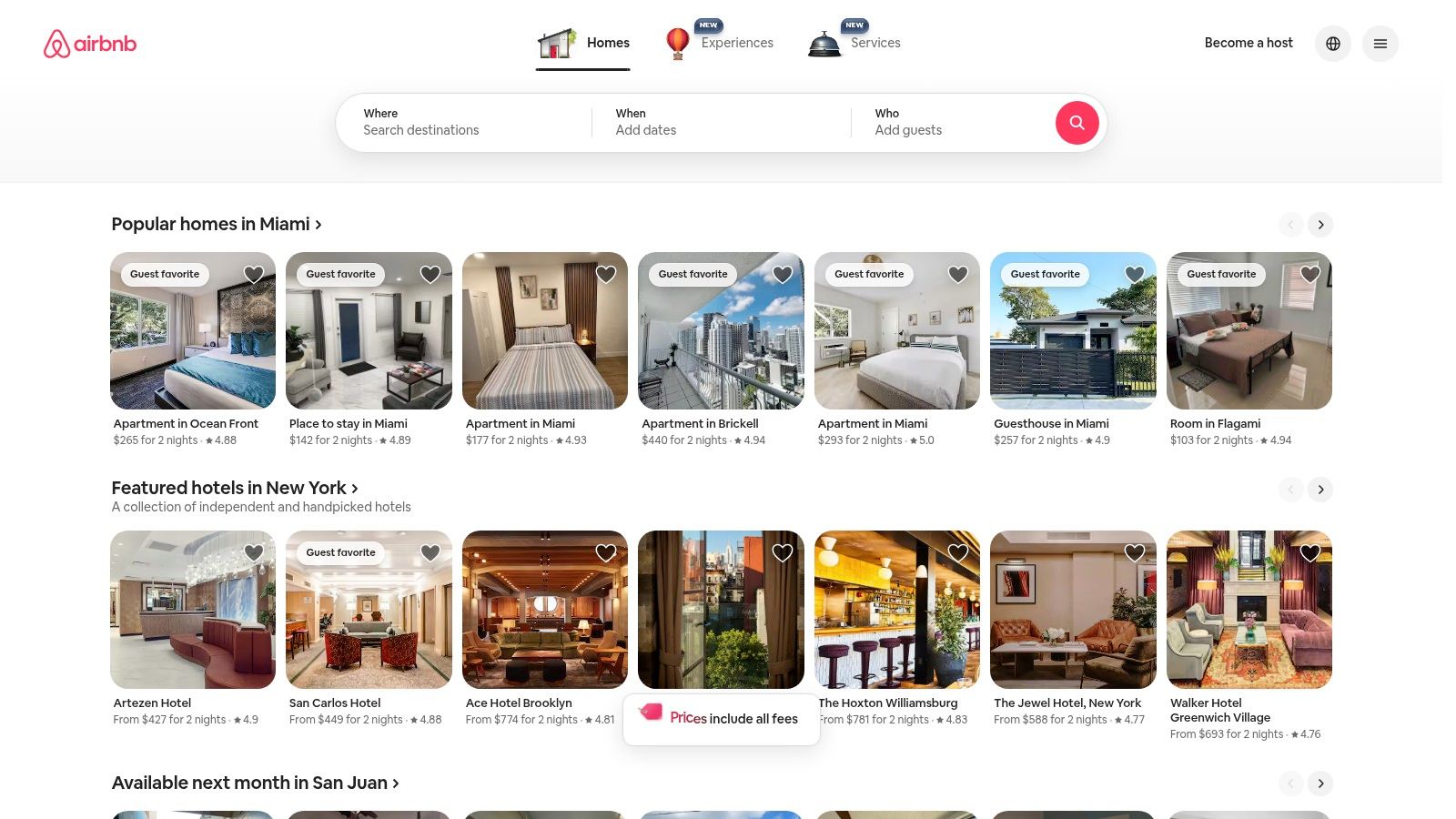 A screenshot of Airbnb's website showing a map and listings for pet-friendly beach rentals in Florida, with filters applied for "Pets allowed" and "Beachfront".