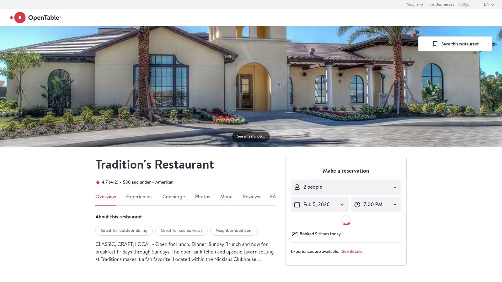 OpenTable – Traditions at the Nicklaus Clubhouse