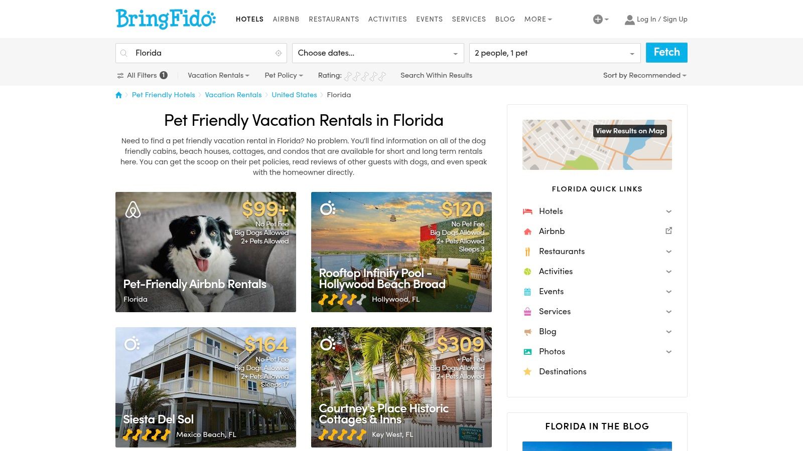 A screenshot of the BringFido website showing a search for pet-friendly rentals in Sarasota, FL, with various property listings displayed.