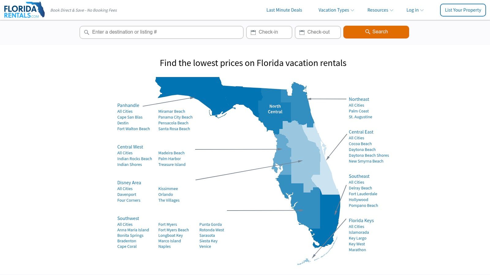 A map of Florida on the FloridaRentals.com website, highlighting various coastal destinations with available rental properties.