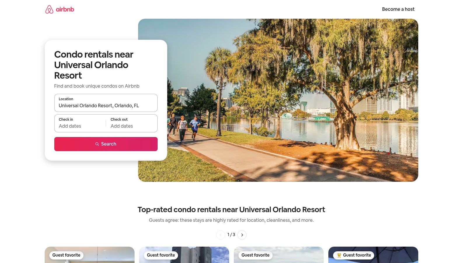 Condo community pool with lake view and lush landscaping near Universal Studios