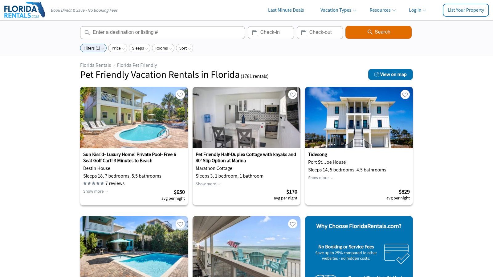 FloridaRentals.com showcasing pet-friendly rental listings on their website