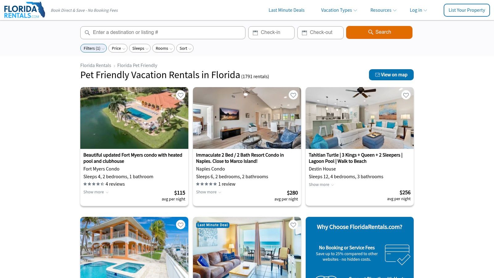 FloridaRentals.com pet-friendly vacation rental listings on the Gulf Coast of Florida