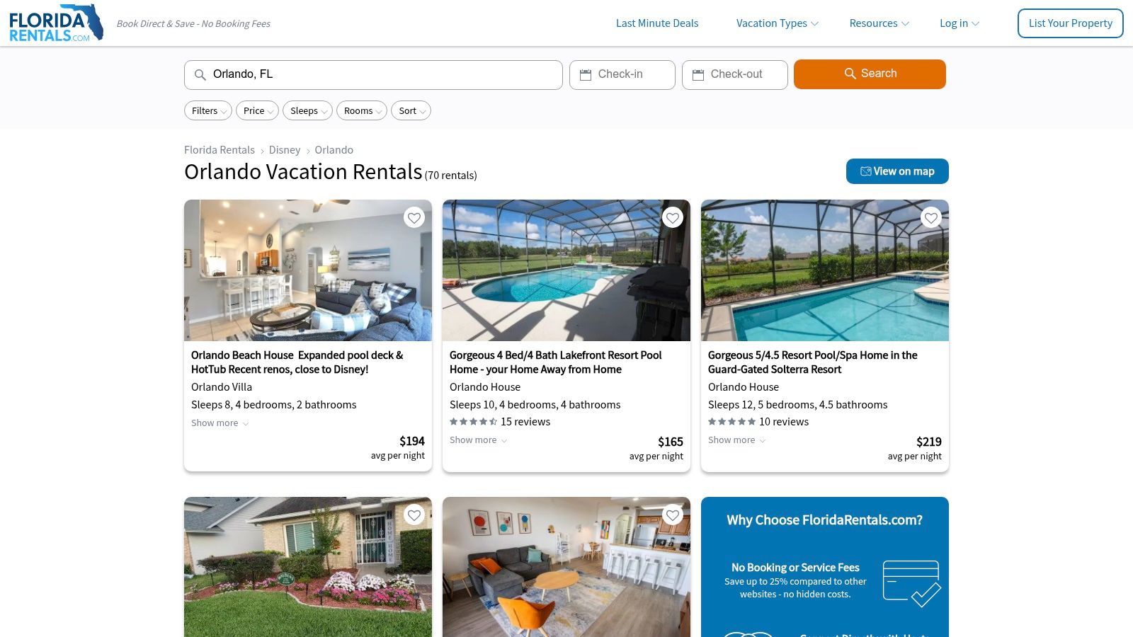 FloridaRentals.com (Statewide “No Service Fee” Listings)