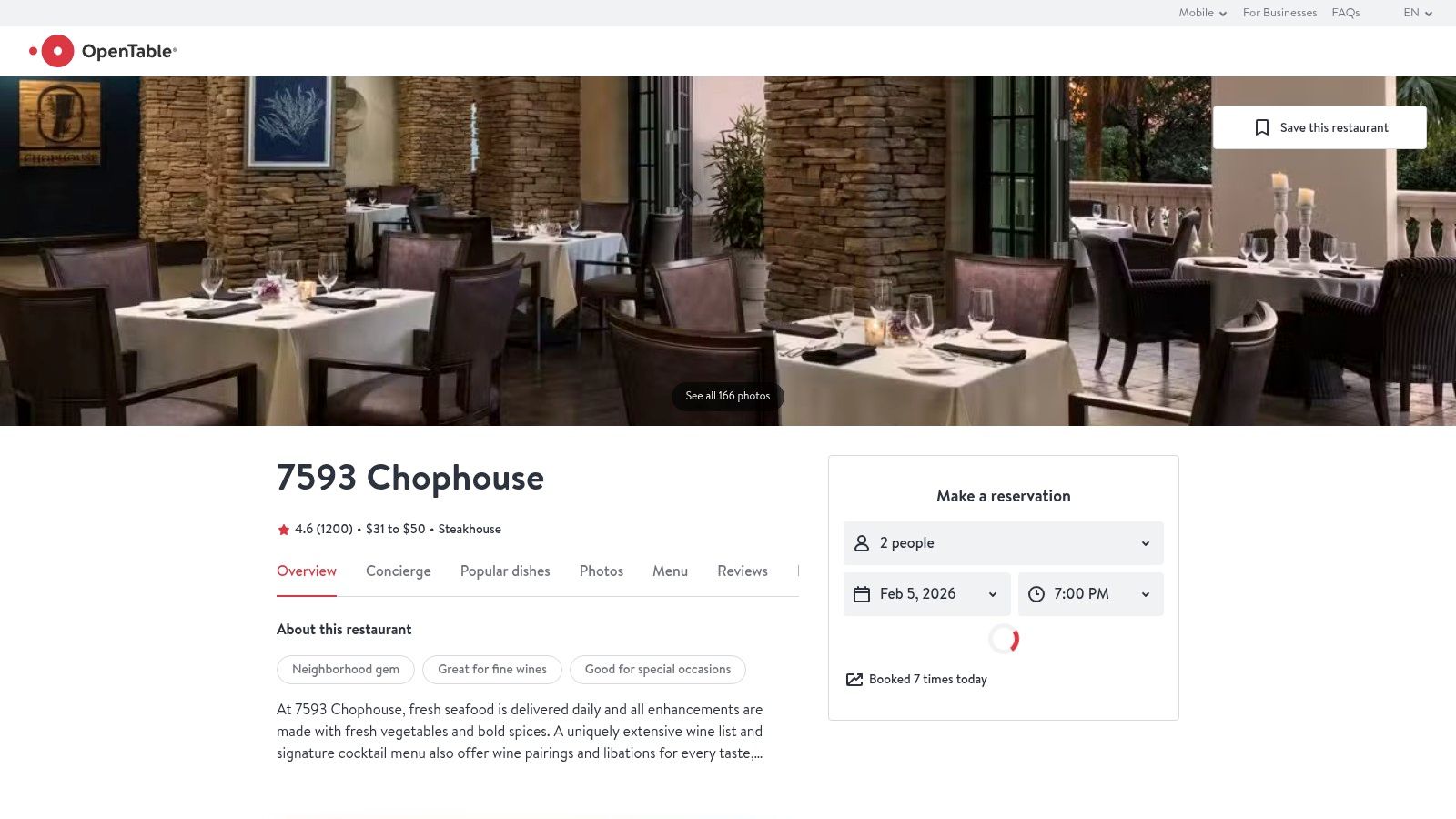 OpenTable – 7593 Chophouse (Fine‑Dining Steakhouse)