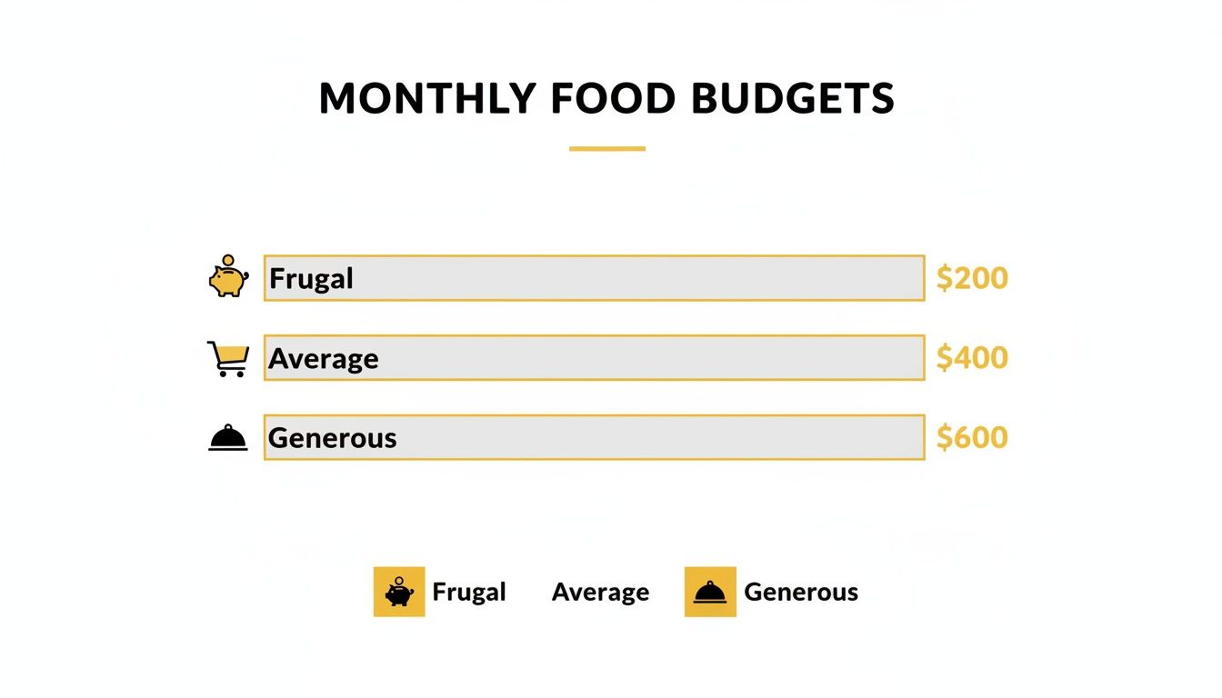 A bar chart displaying monthly food budgets: Frugal ($200), Average ($400), and Generous ($600).