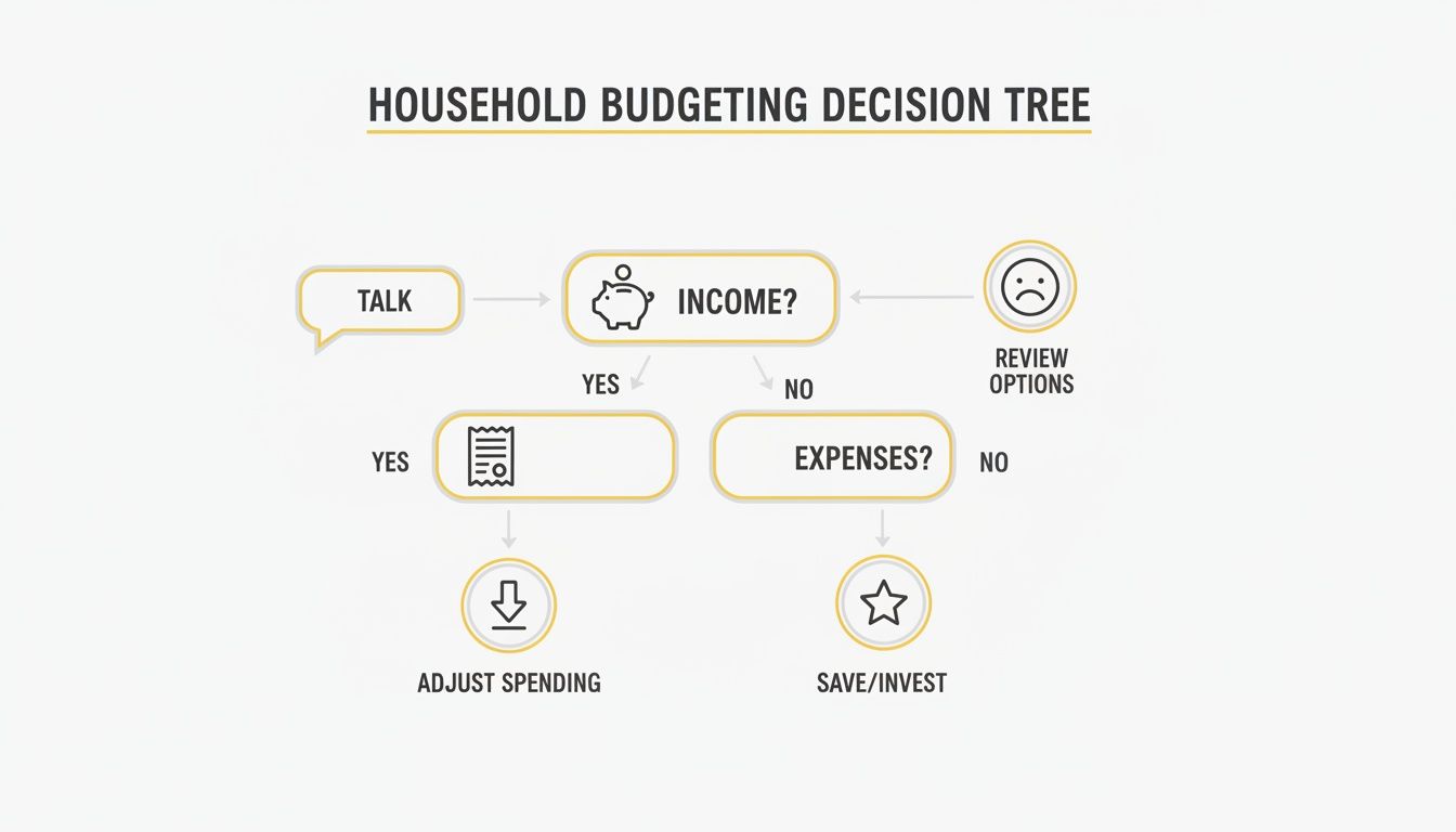 A clear flowchart illustrating a household budgeting decision tree process to manage finances and save.