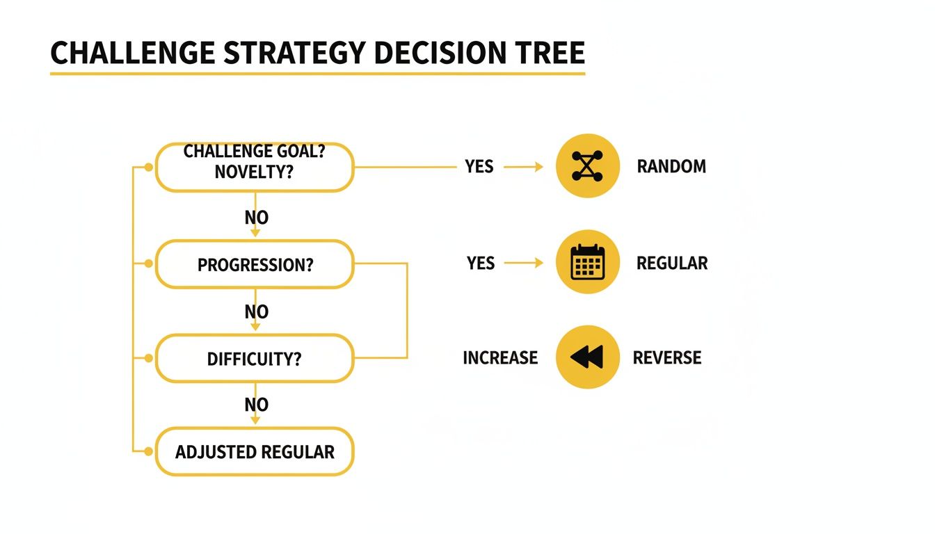 A challenge strategy decision tree flowchart showing paths for novelty, progression, difficulty, leading to various outcomes.