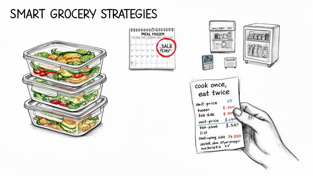 Illustration of smart grocery strategies: meal prep containers, calendar with sale day, refrigerators, and a hand holding a shopping list.