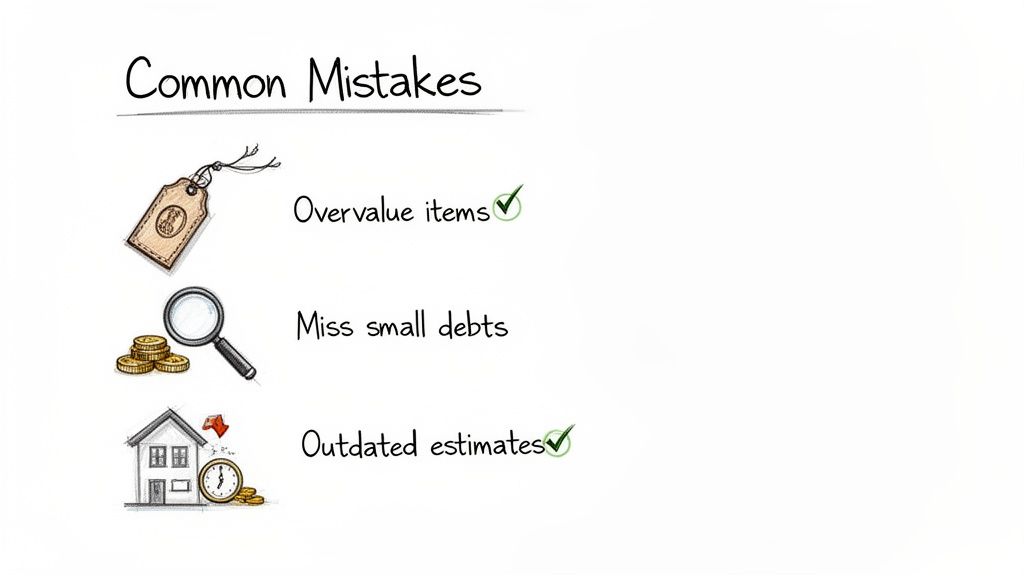 A whiteboard listing common financial mistakes: overvaluing items, missing small debts, and outdated estimates.