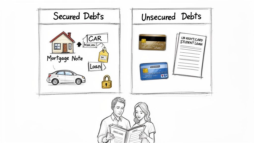 An illustration comparing secured debts like a house and car with unsecured debts like credit cards and student loans.