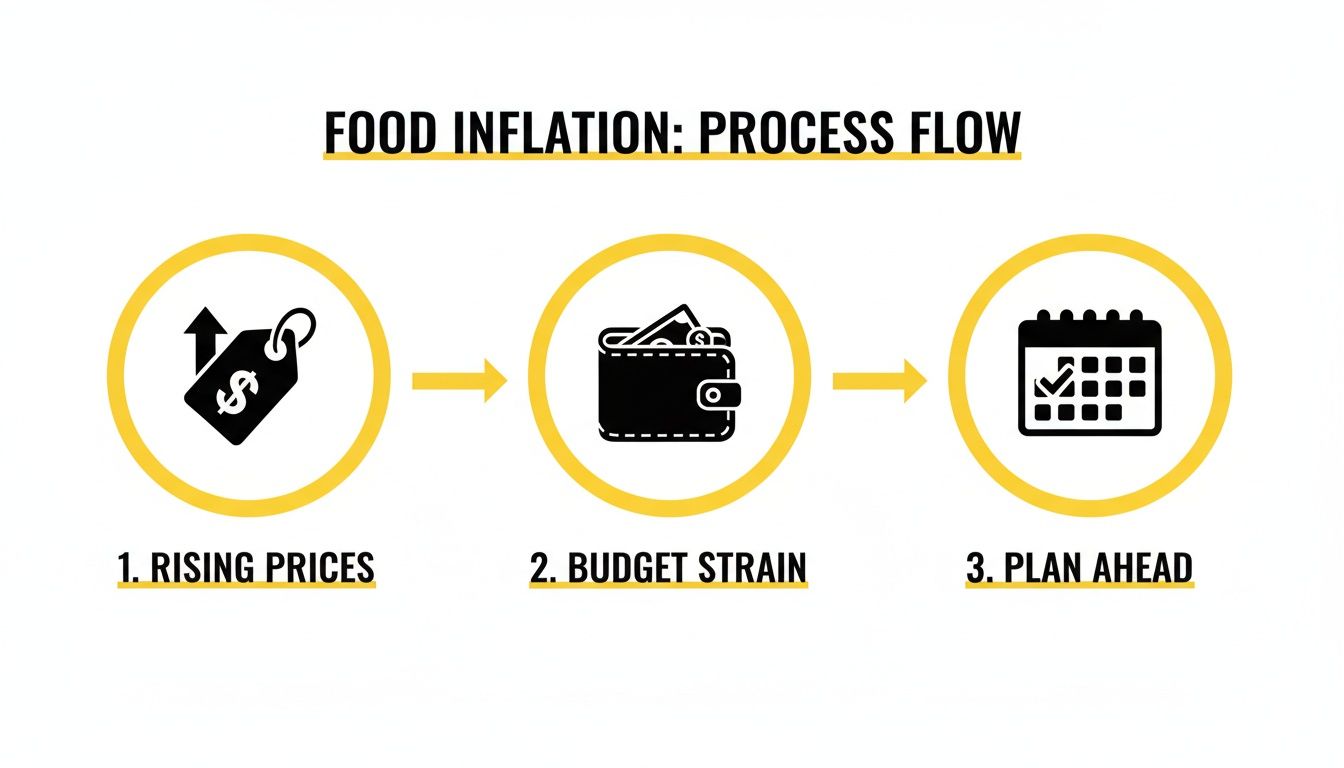 A process flow diagram for food inflation, showing rising prices, budget strain, and the need to plan ahead.