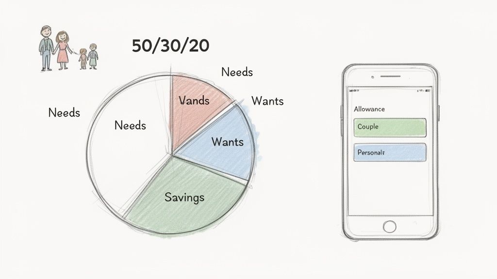 A family illustration, a pie chart showing 50/30/20 budgeting for needs, wants, and savings, and a phone app.
