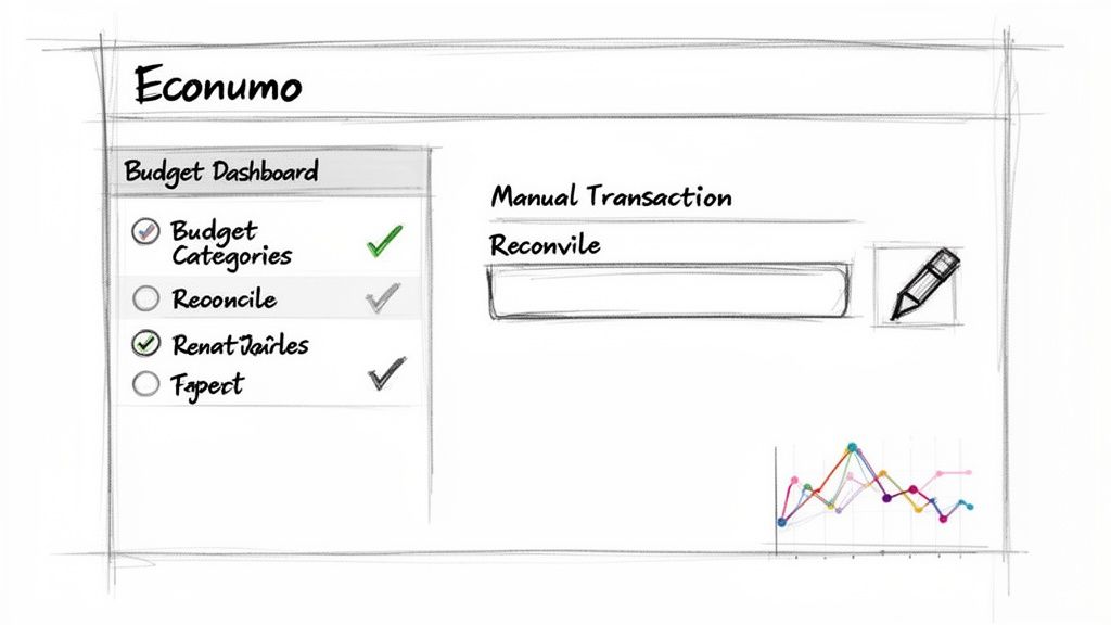 A sketch of a budgeting app dashboard displaying categories, reconciliation, manual transactions, and a graph.