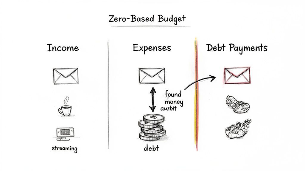 A hand-drawn diagram illustrating a zero-based budget, categorizing income, expenses, and debt payments.