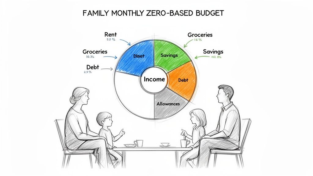 A family discusses their zero-based monthly budget, represented by a pie chart allocating income to categories.