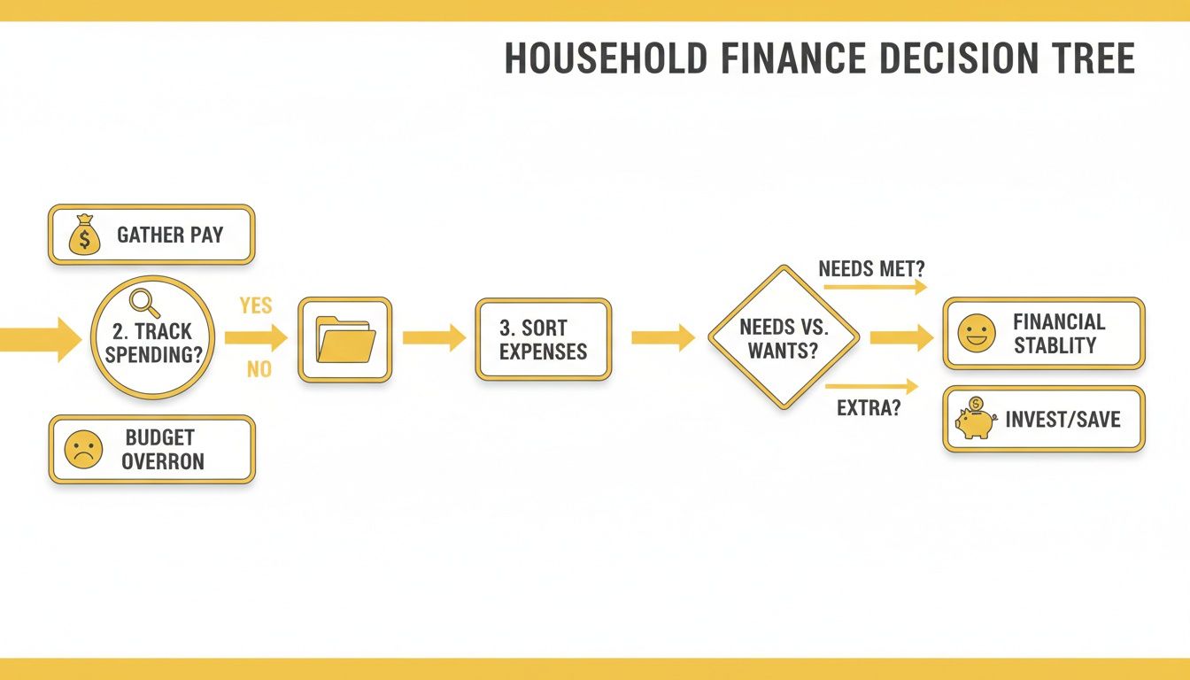 A household finance decision tree flowchart showing steps for managing money from pay to investments.