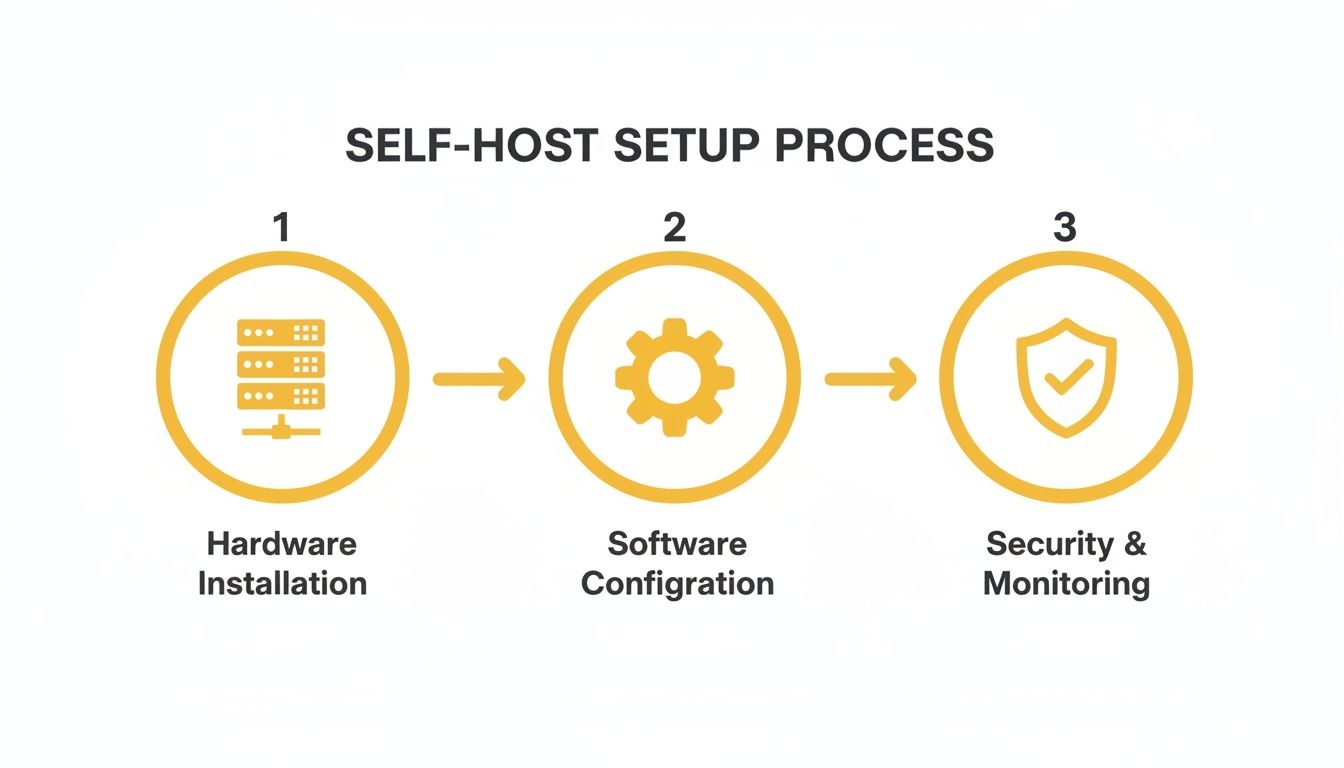Infographic detailing the self-host setup process, covering hardware installation, software configuration, and security monitoring.