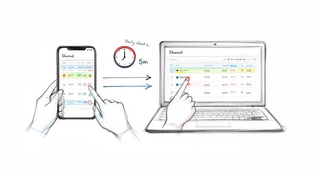 Hands interacting with mobile and laptop apps for daily budgeting, showing data synchronization.