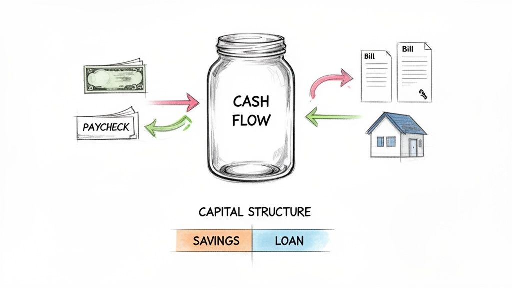 Illustration of cash flow showing income (paycheck, money) and expenses (bills, house), plus capital structure (savings, loan).