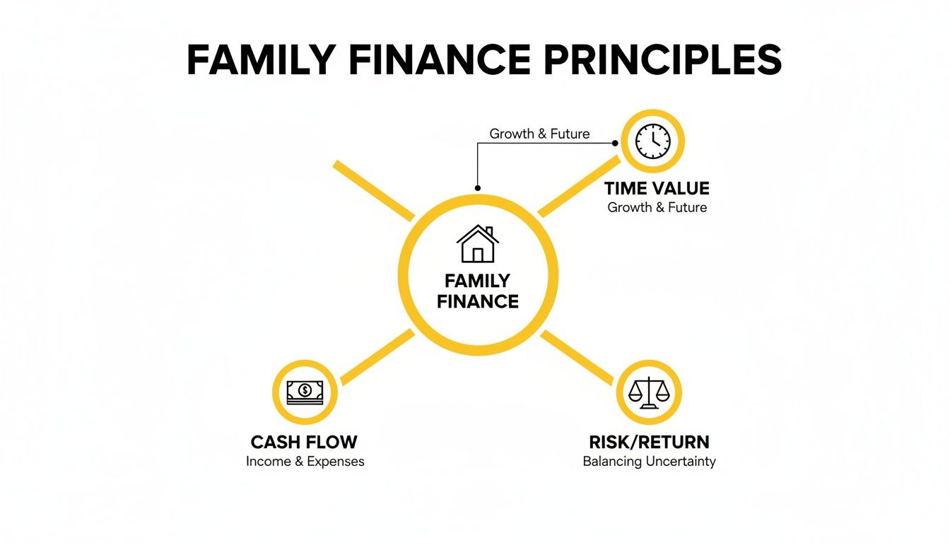 A diagram illustrating family finance principles, including Time Value, Cash Flow, and Risk/Return.
