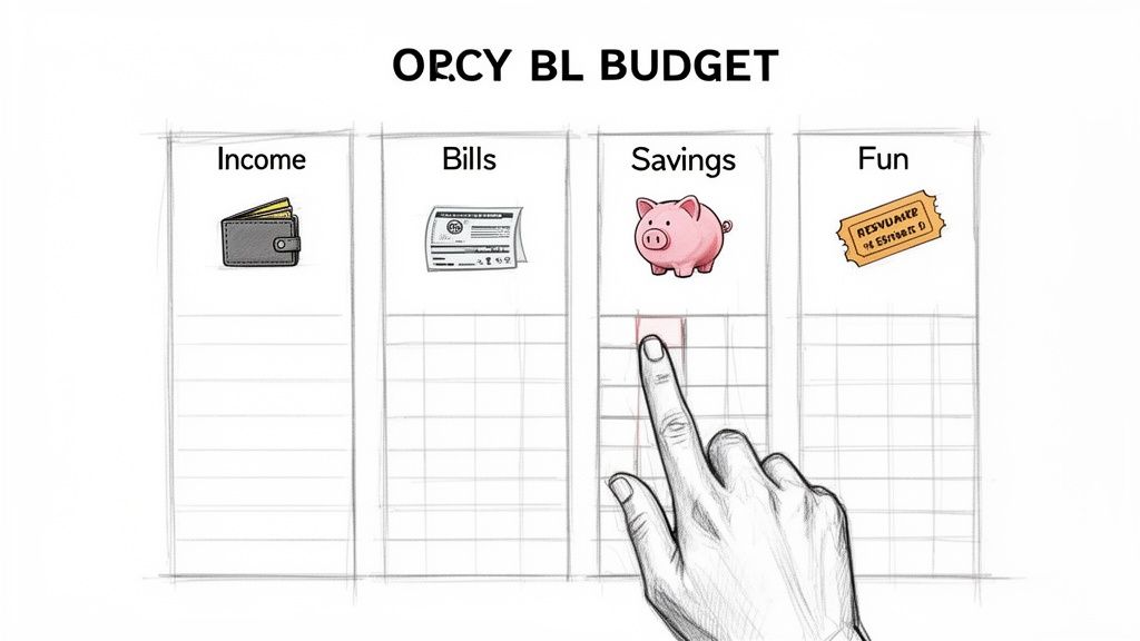 Budget plan for income, bills, savings, and fun, with a hand selecting the savings category.
