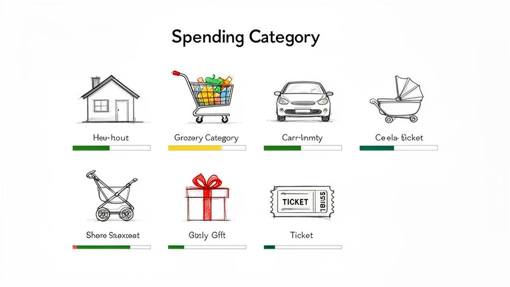 A chart titled &lsquo;Spending Category&rsquo; showing various household expenses with icons, labels, and progress bars.