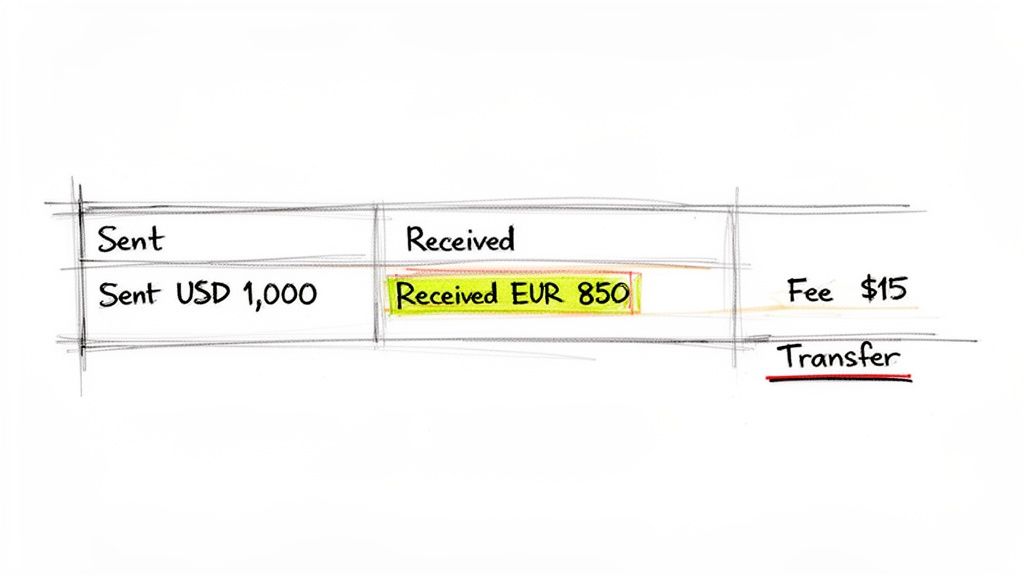 Hand-drawn comparison of an international money transfer: Sent USD 1,000, Received EUR 850, with a $15 fee.