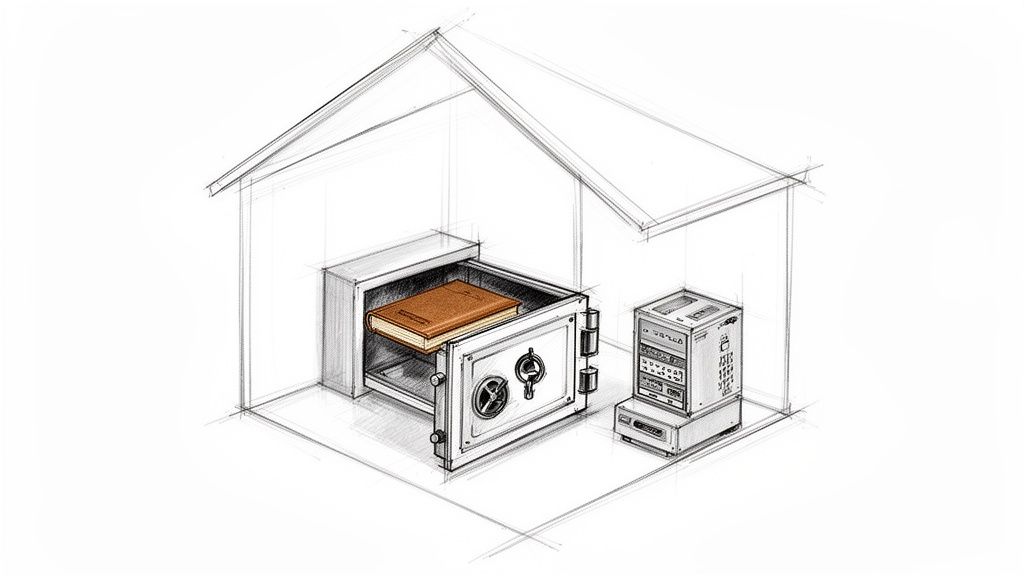 A sketch of a house showing an open safe with a book and a server rack.