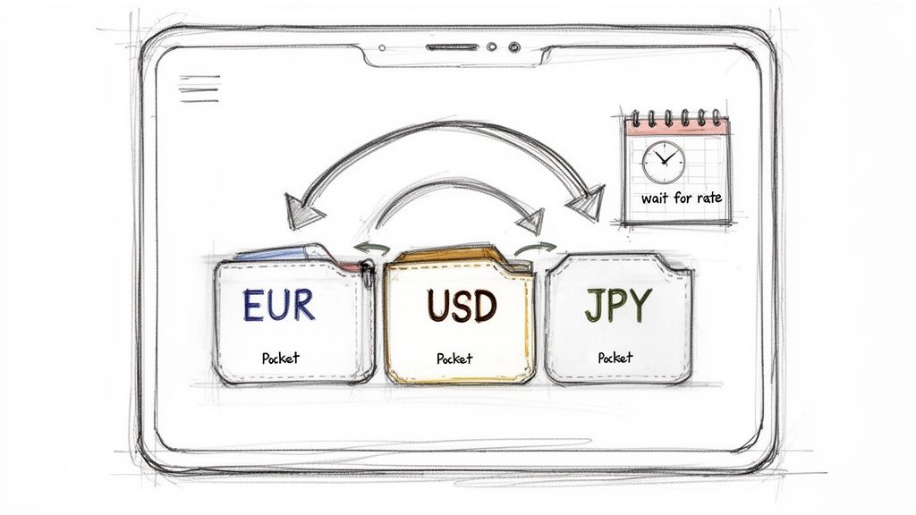 Sketch of a mobile app displaying currency exchange between EUR, USD, and JPY pockets, with a &lsquo;wait for rate&rsquo; calendar.