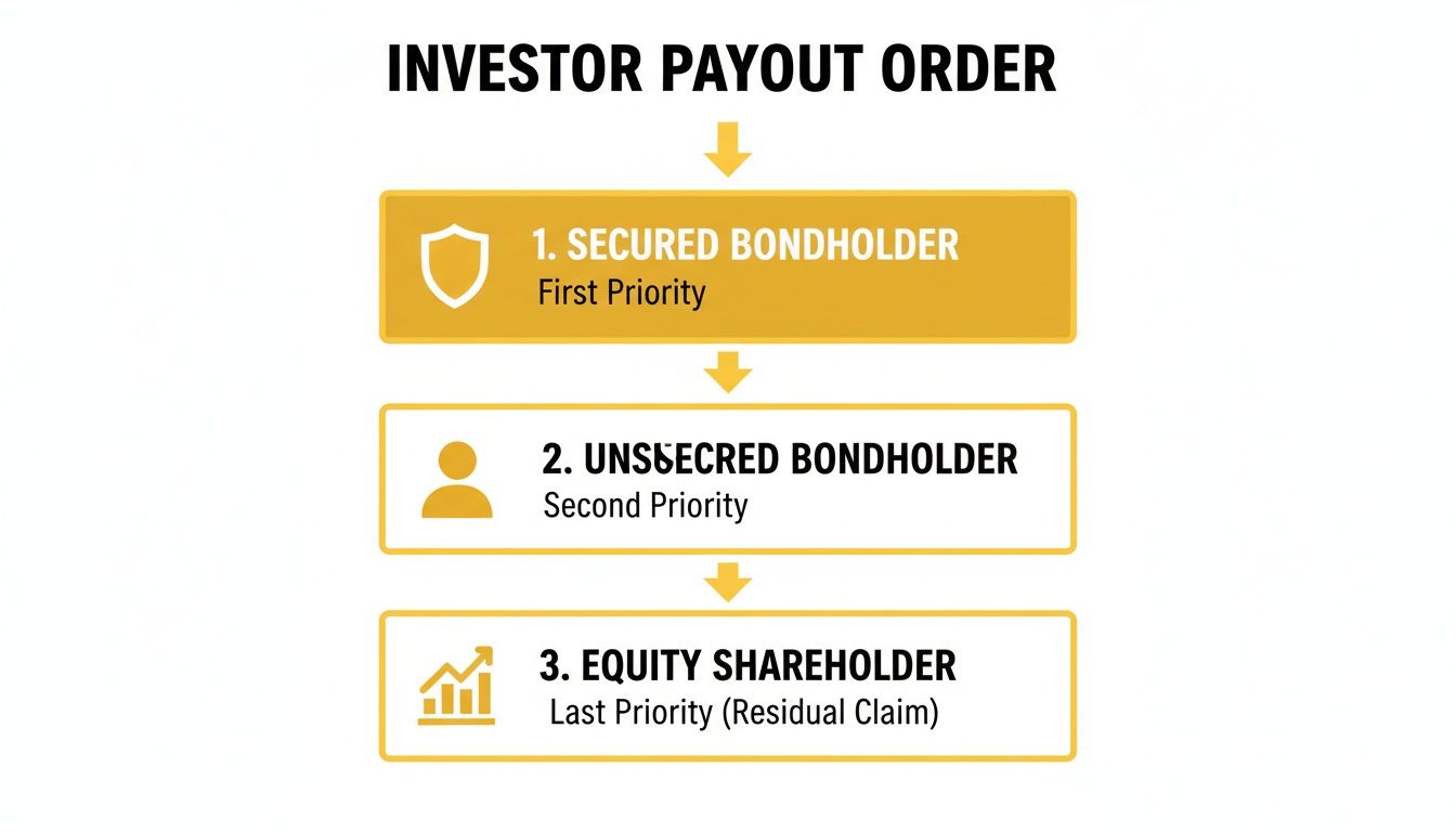 Flowchart illustrating the investor payout order, from secured bondholders to equity shareholders.