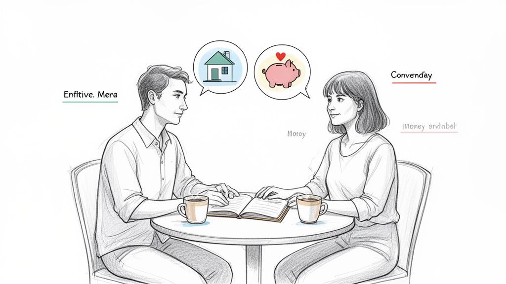 A couple sits at a table discussing financial goals, with symbols of a house and savings.