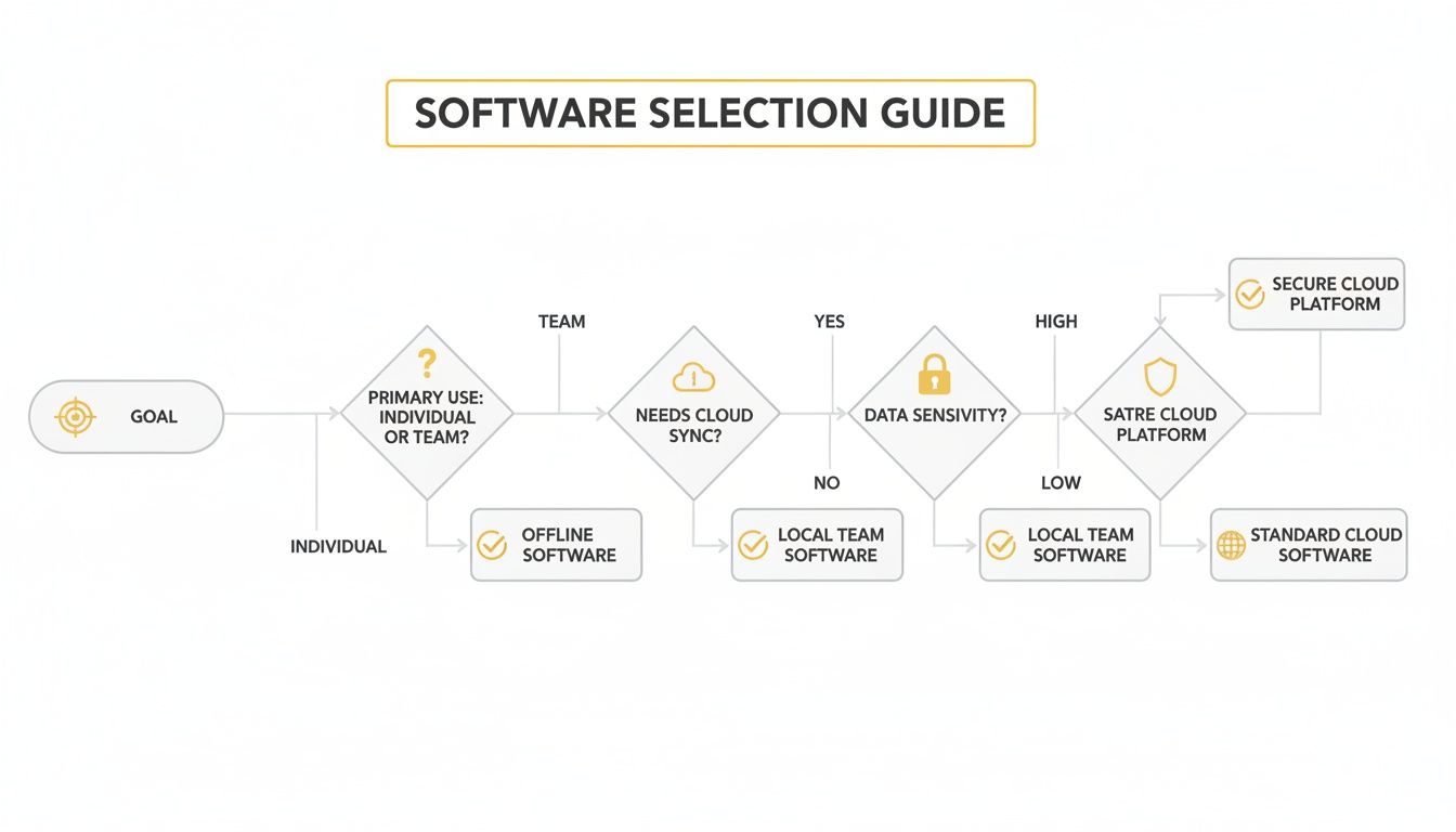 Flowchart illustrating software selection decisions for individuals and teams, considering cloud sync and data sensitivity.