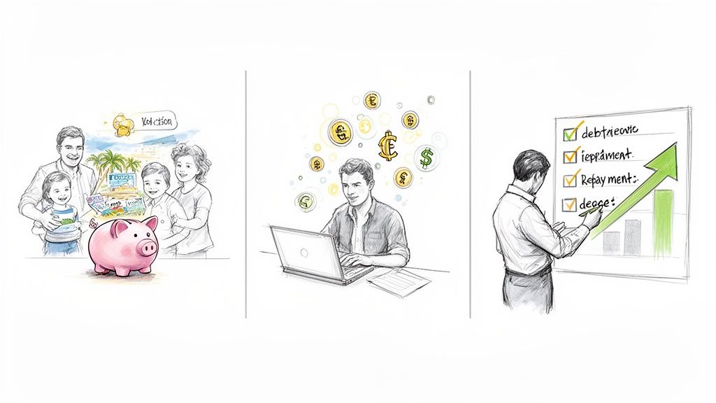 Illustrations showing a family saving for vacation, a man managing online finances, and financial planning for growth.