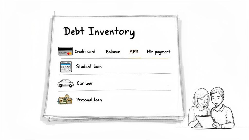 A couple reviews a ‘Debt Inventory’ sheet, detailing credit card, student, car, and personal loans.