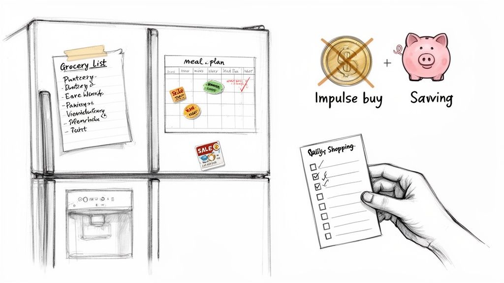 Hand-drawn illustration of meal planning, grocery lists, and smart shopping to avoid impulse buying and save money.