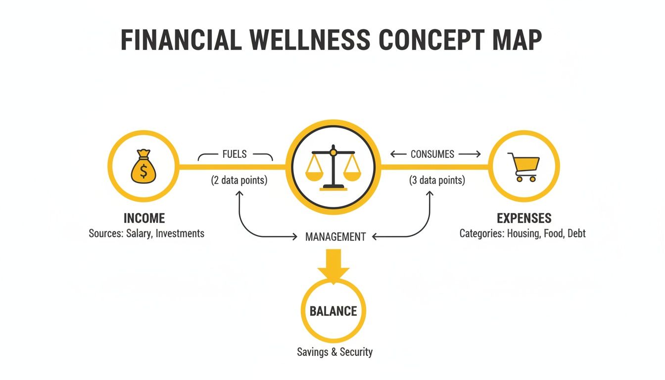 Financial wellness concept map illustrating the relationship between income, management, expenses, and balance for security.