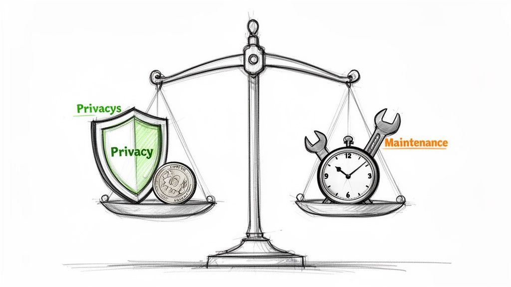 A scale balancing a privacy shield and coin against a clock and wrench representing maintenance.