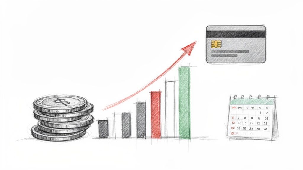Sketch of financial growth with coins, a rising bar graph, credit card, and calendar.